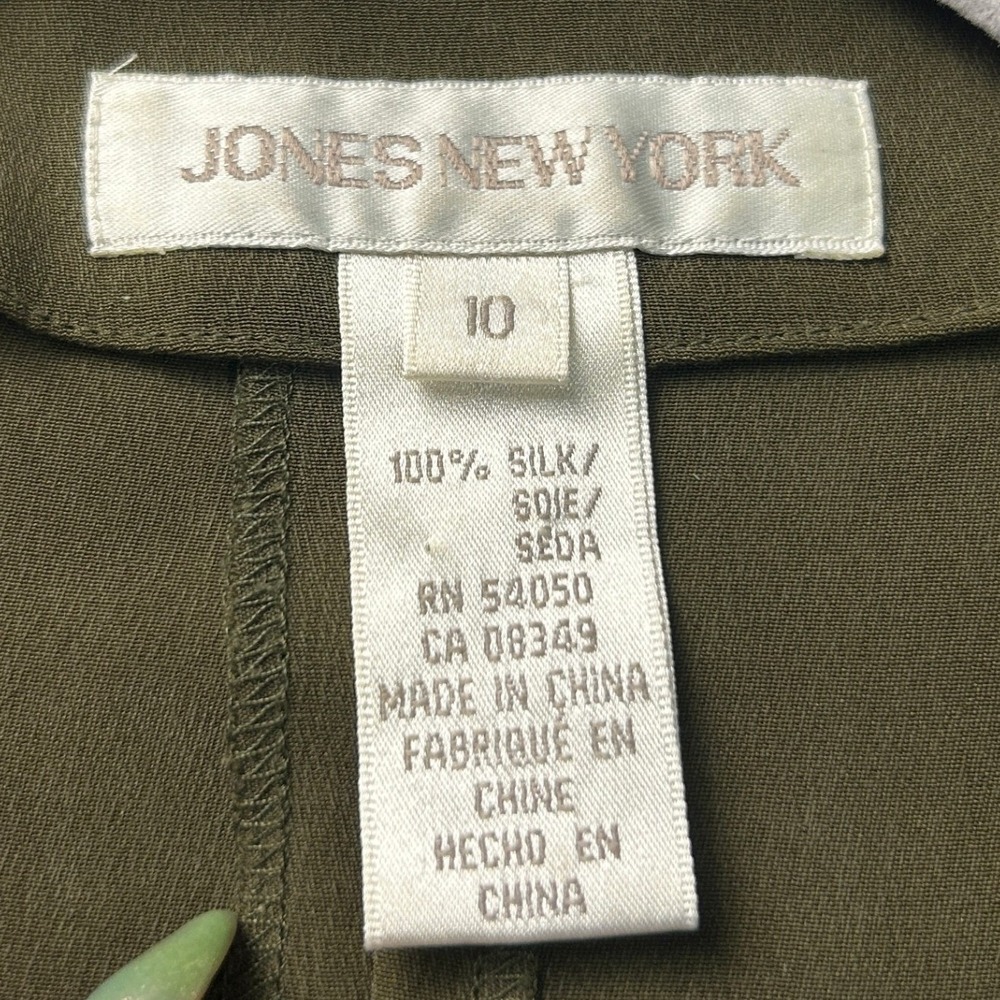 Jones New York 2 Piece Silk Pant Suit Womens Size 10 Olive Short Sleeve Set - Picture 3 of 13